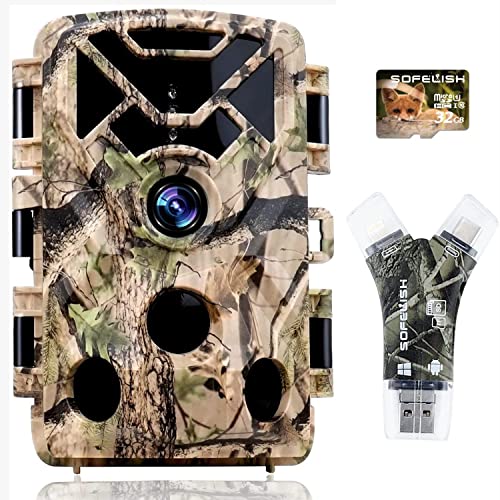 SOFELISH Camara Fototrampeo, 4K 24MP Camara Caza, Camara de Caza con 42 pcs 850nm IR Leds, Gran Angular de 120° y Sensor 0.2s de Tiempo Activación, Camara Caza Nocturna con 32G Tarjeta Micro SD