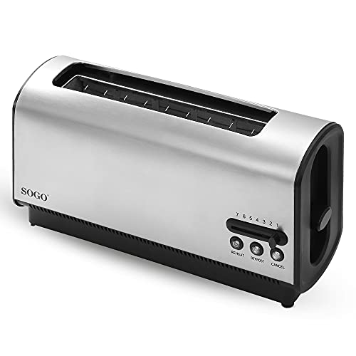 SOGO SS-5390 - Tostadora Deluxe de 2 Rebanadas 3 Funciones, 7 Niveles de Control de Temperatura, Bandeja de Recogemigas Extraíble, LED, Apagado Automático, 900W, Acero Inoxidable (1 Ranura Larga)