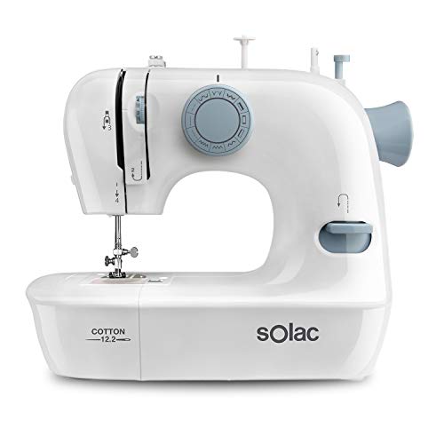 Solac SW8221 Cotton 12.2 - Máquina de coser. 12 puntadas. Enhebrado fácil. Brazo libre. Sistema vertical de carga. Iluminación en la zona de trabajo. Funciona con y sin pedal. Asa transporte. Blanco