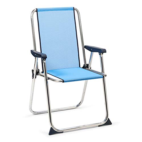 SOLENNY 50001072725267 - Silla de Playa Plegable con Respaldo Alto Azul Tubo Aluminio y Textilene de Secado Rápido con Sistema de Plegado de Seguridad y Pies Estabilizadores