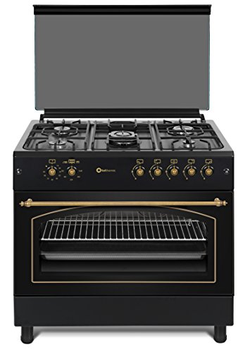 SOLTHERMIC F9L50G2RB COCINA NEGRA RUSTICA CON MANDOS DORADOS / ANCHO 90 CMS / 5 FUEGOS / HORNO PANORAMICO 115 L. / GAS BUTANO Y GAS CIUDAD