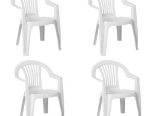 Solycarpa Pack 4 Silla de Plástico Apilable Blanca con Reposabrazos para Jardín, Terraza y Playa. Silla Ergonómica de PVC, Cómoda, Resistente, Fácil de Transportar y Apilar para Catering.