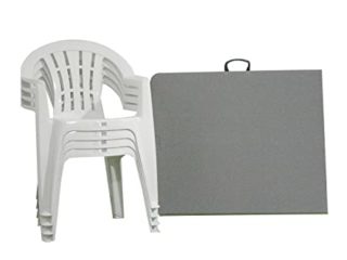 Solycarpa Pack 4 Sillas PVC con Reposabrazos + Mesa Plegable Rectangular Tipo Maleta 180x76 de Exterior, Jardín, Catering y Hostelería. Abatible, Portátil y Auxiliar para Comedor y Camping.