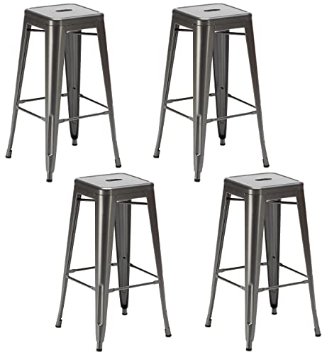 Solycarpa Pack 4 Taburete Alto Tolix Metálico Plata Apilable y Resistente. Asiento de Metal Premium para Eventos, Catering y Bares para Barra y Mesa Alta. Diseño Plateado, Moderno y Ligero.
