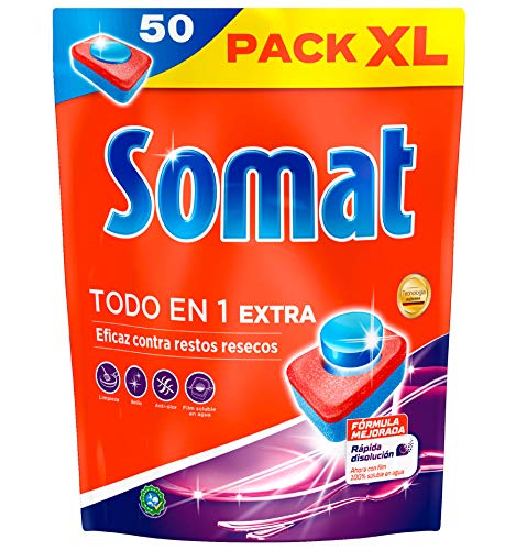 Somat Todo en 1 Pastillas Detergente para Lavavajillas (50 lavados), pastillas del lavavajillas y abrillantador, jabón lavavajillas antiolor