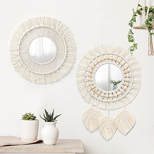 SOMYTING Espejo de Pared con Diseño de Macramé 2 Piezas de Espejo con Flecos de Macramé Boho con Colgante de Plumas Estar Dormitorio Cuarto de Bebé(Plume+Lrradier)