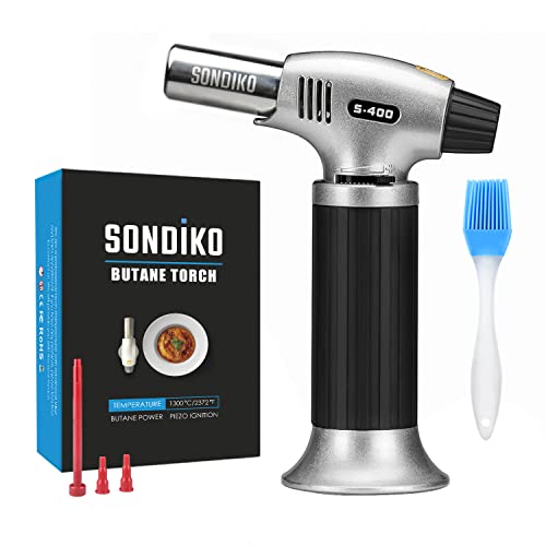 Sondiko Soplete De Cocina, Profesional Antorcha Butano Encendedor, Recargable Mini Culinario Soplete con Cerradura de Seguridad & Llama Ajustable para barbacóa Brulée Crema Cámping (Gas no Incluido)