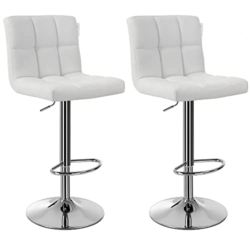 Songmics 2 x Taburetes de Bar, con Respaldo, Regulable en Altura y Giratorio Cromado de Cuero sintético Blanco LJB64W, PU, 38 x 44,5 x (95-115) cm
