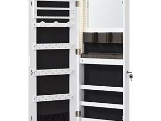 SONGMICS Armario Joyero, Armario para Joyas Montado en la Pared, Organizador con Luces LED, con Espejo sin Marco, Espejo de Maquillaje Integrado, 2 Cajones, con Cerradura, Blanco JJC013W01