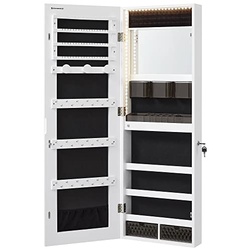 SONGMICS Armario Joyero, Armario para Joyas Montado en la Pared, Organizador con Luces LED, con Espejo sin Marco, Espejo de Maquillaje Integrado, 2 Cajones, con Cerradura, Blanco JJC013W01