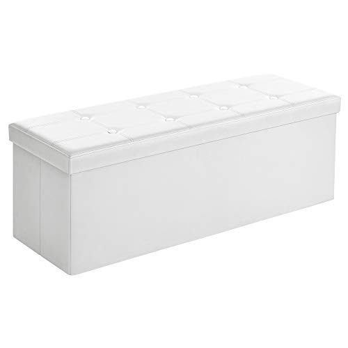 Songmics Baúl Puff - Taburete para almacenaje, Plegable Carga máxima de 300 kg, Blanco, 110 x 38 x 38