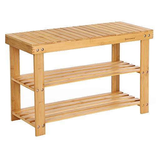 SONGMICS Banco Zapatero de bambú, Estantería para Zapatos con 3 estantes, 70 x 28 x 45 cm Ideal para Entrada, Baño, Sala de Estar, Pasillo LBS04N