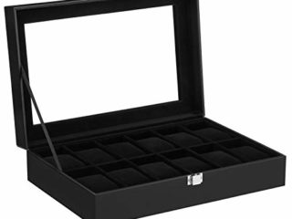 SONGMICS Caja de Relojes con 12 Compartimentos, Estuche para Relojes con Tapa de Cristal, Almohada extraíble, Forro de Terciopelo, Cierre de Metal, Cuero Sintético y Forro Negro JWB12B