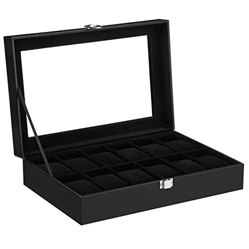 SONGMICS Caja de Relojes con 12 Compartimentos, Estuche para Relojes con Tapa de Cristal, Almohada extraíble, Forro de Terciopelo, Cierre de Metal, Cuero Sintético y Forro Negro JWB12B