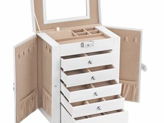 SONGMICS Caja Grande de Joyas, Caja Joyero de 6 Niveles con Puertas Laterales, Cajones, Espejo y Cerradura, para Pulseras, Pendientes, Anillos, Collares, Relojes, Dia de la Madre, Blanco JBC152W01