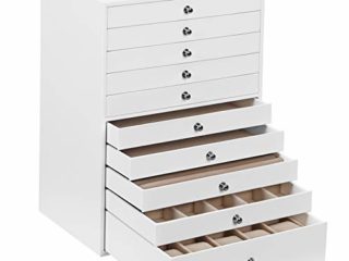 SONGMICS Caja joyero, Caja para joyas XXL, Almacenamiento de belleza 10 cajones, Organizador con bandejas, forro de terciopelo, estilo nórdico escandinavo, Blanco JBC10W