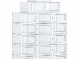 SONGMICS Cajas de Zapatos, Paquete de 18 Organizadores de Almacenamiento, Plegables y Apilables para Zapatillas hasta Talla 44, Transparente y Blanco LSP18MWT