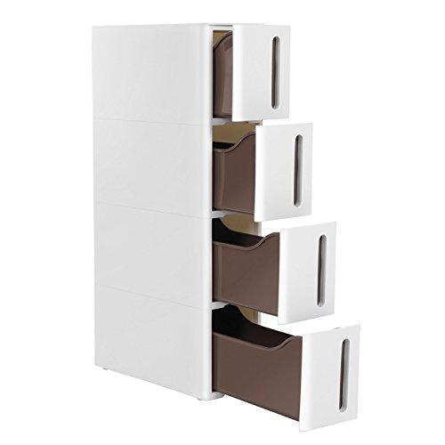 SONGMICS Cajonera Estrecha, Carrito Estrecho, Organizador Estrecho con 4 cajones, Deslizable con Ruedas extraíbles, Almacenaje baño, PP, Ahorro Espacio, 45 x 17 x 83 cm, Blanco y Marrón KFR08WT