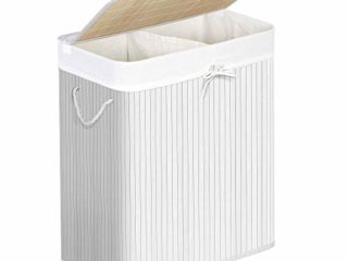 SONGMICS Cesta de Ropa Sucia, Cesta de la Colada de Bambú, con 2 Secciones, Tapa y Bolsa Extraíble, Asas de Algodón, Capacidad de 100 L, Blanco LCB064WT