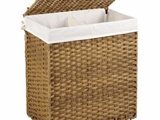 SONGMICS Cesto de la Ropa, 110L Cesto de la Colada, Tejido a Mano, con Compartimentos Separados, Ratán Sintético, con Tapa y Asas, Plegable, Bolsa de Forro Extraíble, Color Natural LCB52NL