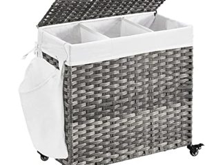 SONGMICS Cesto Ropa Sucia, Cesta Tejida a Mano, 140 L, Estilo Ratán con 3 Compartimentos, Bolsa Extraíble, Tapa, Asas, Montaje Fácil, para Sala de Estar, Baño, 66 x 33 x 60 cm, Gris LCB363G01