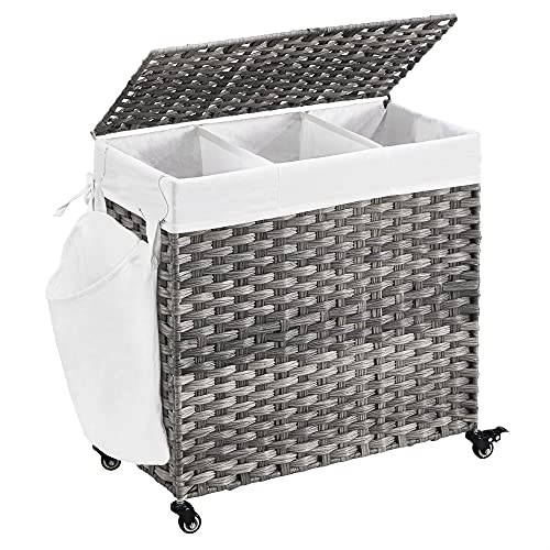 SONGMICS Cesto Ropa Sucia, Cesta Tejida a Mano, 140 L, Estilo Ratán con 3 Compartimentos, Bolsa Extraíble, Tapa, Asas, Montaje Fácil, para Sala de Estar, Baño, 66 x 33 x 60 cm, Gris LCB363G01