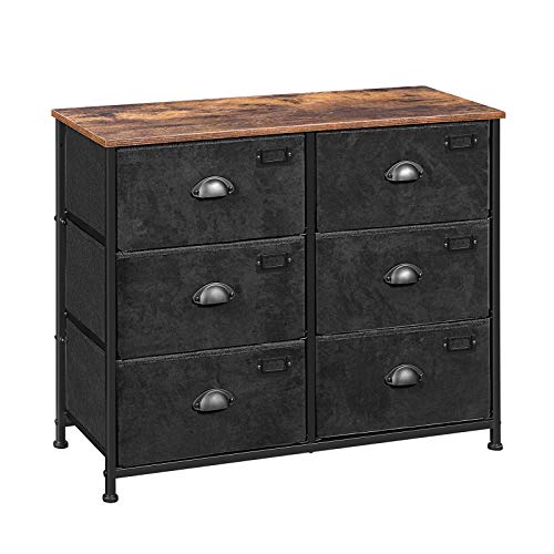 SONGMICS Cómoda con cajones de Tela, Aramrio de Almacenamiento con 6 cajones, Estilo Industrial, Marco de Metal, Tapa de Madera, para Dormitorio, Pasillo, Marrón Rústico y Negro LVT23HV1