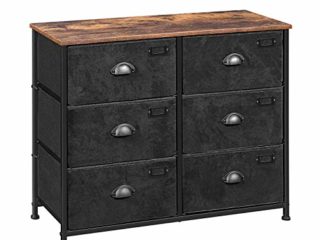 SONGMICS Cómoda con cajones de Tela, Aramrio de Almacenamiento con 6 cajones, Estilo Industrial, Marco de Metal, Tapa de Madera, para Dormitorio, Pasillo, Marrón Rústico y Negro LVT23HV1