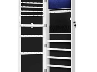 SONGMICS Espejo Joyero, Aramrio Joyero, 6 LEDs Gabinete de Joyería con Espejo, Montado a la Puerta o la Pared con Cerradura, Armario Organizador, con Espejo y 2 Cajones, Blanco JBC93W