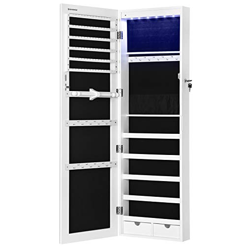 SONGMICS Espejo Joyero, Armario de Joyería, Armario con Espejo con Iluminación LED, Armario de Pared con Espejo, Montaje en Pared, Blanco JJC99WT