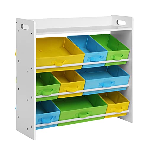 SONGMICS Estantería de Juguetes con 9 Cajones de Tela no Tejida Extraíbles, Organizador Infantil, para la Sala de Juegos de la Guardería, Marco de Madera, Blanco GKR31WT