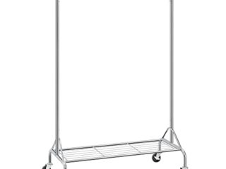 Songmics HSR02S Perchero para cargas pesadas, con estante para zapatos, con ruedas, en metal, soporta hasta 50 kg, longitud: 110,5 – 150,5 cm, cromado