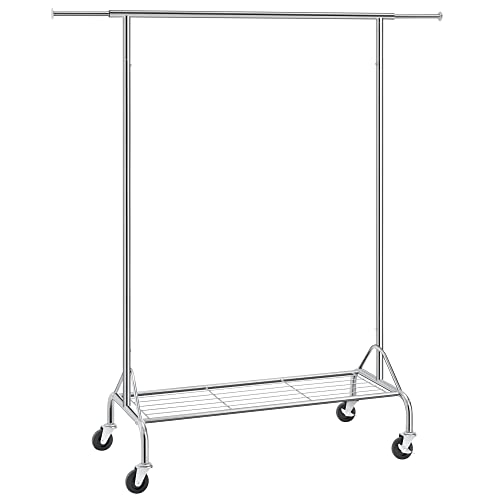 Songmics HSR02S Perchero para cargas pesadas, con estante para zapatos, con ruedas, en metal, soporta hasta 50 kg, longitud: 110,5 – 150,5 cm, cromado