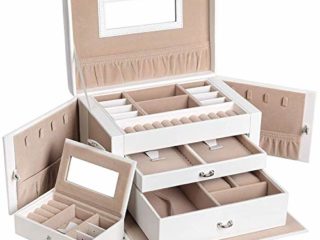 SONGMICS Joyero, Organizador de Joyas con 2 Cajones, Estuche con Cerradura y Espejo, Estuche de Viaje Portátil, para Anillos, Pulseras, Collares, Forro de Terciopelo, Regalo, Blanco JBC121W