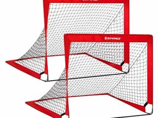 SONGMICS Juego de 2 porterías de fútbol para niños Plegables, Montaje rápido, para Parque, Playa, Fibra de Vidrio elástica, Tela Oxford y poliéster, Rojo SZQ122R02