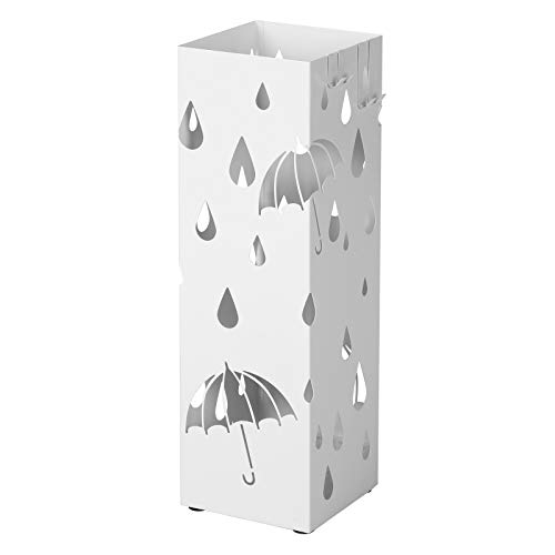 SONGMICS Paragüero de Metal, Soporte de Paraguas, con Bandeja de Goteo y 4 Ganchos, 15,5 x 15,5 x 49 cm, Blanco LUC49W