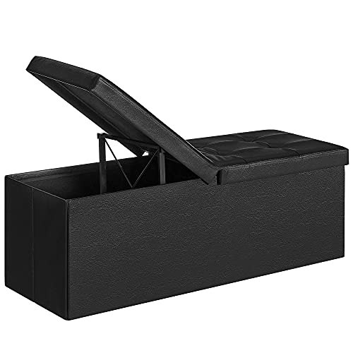 SONGMICS Puff Almancenaje, Banco Almacenaje, Banco con Tapa Plegable, Capacidad de 120 litros, con Asiento Acolchado y Soporte de Metal, 110 x 38 x 38 cm, Negro LSF75BK