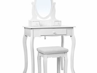 Songmics RDT004 - Tocador Mesa de Maquillaje con 3 Cajones, Espejo Oval, Taburete Acolchado, 70 x 40 x 130 cm