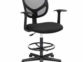 SONGMICS Silla con Reposabrazos, Silla de Oficina de Malla, Silla de Pintura Ergonómica con Reposapiés Regulable en Altura, Taburete Giratorio para Tareas de 360°, Negro OBN25BK