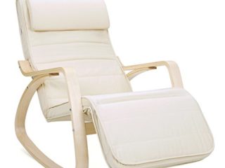 SONGMICS Silla Mecedora con Apoyabrazos de Madera de Abedul, Silla Mecedora con Reposapiés Ajustable en 5 Posiciones, Capacidad de Carga Máxima 150 kg, Dormitorio, Salón, Beige LYY10M