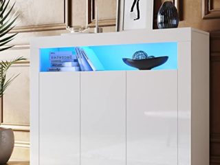 SONNI Aparador Blanco Brillo con 3 Puertas,Mueble Comedor Brillante con Iluminación LED 116x35x93cm,Armario Entrada para Salón/Cocina