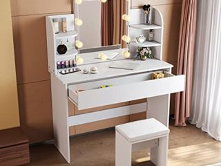 SONNI Mesa Maquillaje con Luz con Espejo y Taburete, Tocador Maquillaje con Luz, Tocador Blanco con 4 Estantes,108x40x140cm