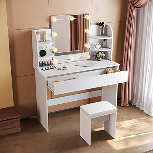 SONNI Mesa Maquillaje con Luz con Espejo y Taburete, Tocador Maquillaje con Luz, Tocador Blanco con 4 Estantes,108x40x140cm