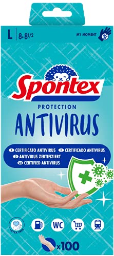 Spontex Protección Antivirus x100 - Guantes desechables de vinilo, sin polvo y sin látex, certificados antitivirus, talla L, 100 unidades
