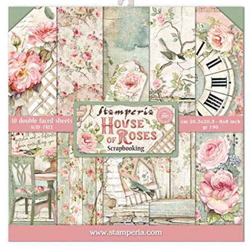 STAMPERIA House of Roses-Bloc de Papel (10 Hojas, 20,3 x 20,3 x 8 Pulgadas, Doble Cara), Multicolor, 20.3 x 20.3 (8" x 8")