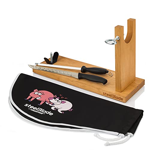 Steelblade Banqueta Pata Negra Cubre Kukuxumusu + Cuchillo Chaira-Soporte Jamonero Ideal para Jamones y Paletas