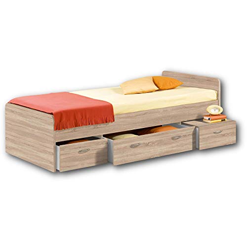 Stella Trading Boro Cama Individual Moderna con 3 cajones 90 x 200 cm-Práctica litera para Habitaciones Juveniles en Aspecto de Roble Sonoma, Engineered Wood, 95 x 66 x 204 cm