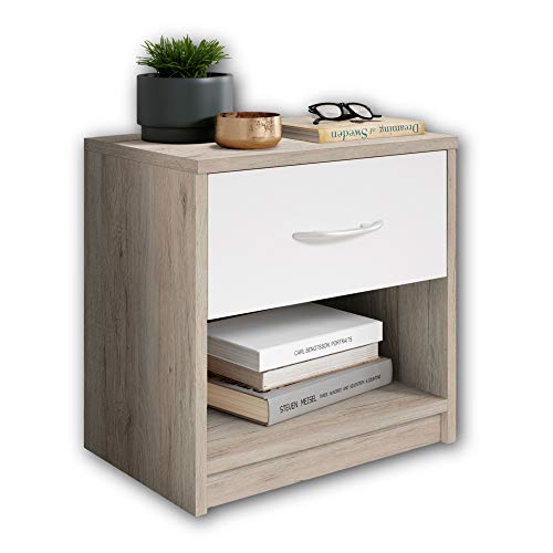 Stella Trading Pepe en San Remo, Blanco-Mesita de Noche Sencilla con un cajón Adecuada para Cada Cama y Dormitorio, Roble, 39 x 41 x 28 cm