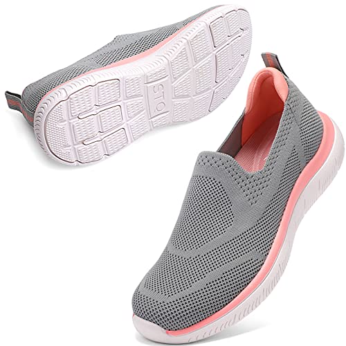 STQ Zapatillas de Mujer Zapatos Sin Cordones Malla Deportivas para Mujer Comodos Caminar Ligero Sneakers Gris Claro Rosa 40 EU