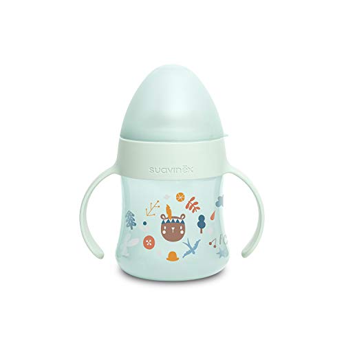 SUAVINEX Biberón con Asas First Suavinex, con Boquilla Antiderrame de Silicona, para Bebés +4 Meses, Color Amarillo, Azul, 150ml